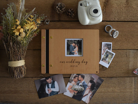 Square Cut Out Wooden Wedding Guest Book Design with Polaroid Photo Album - Engagement Album