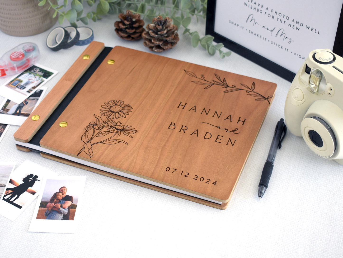 Sunflower design Elegant Custom Wooden Wedding Guestbook