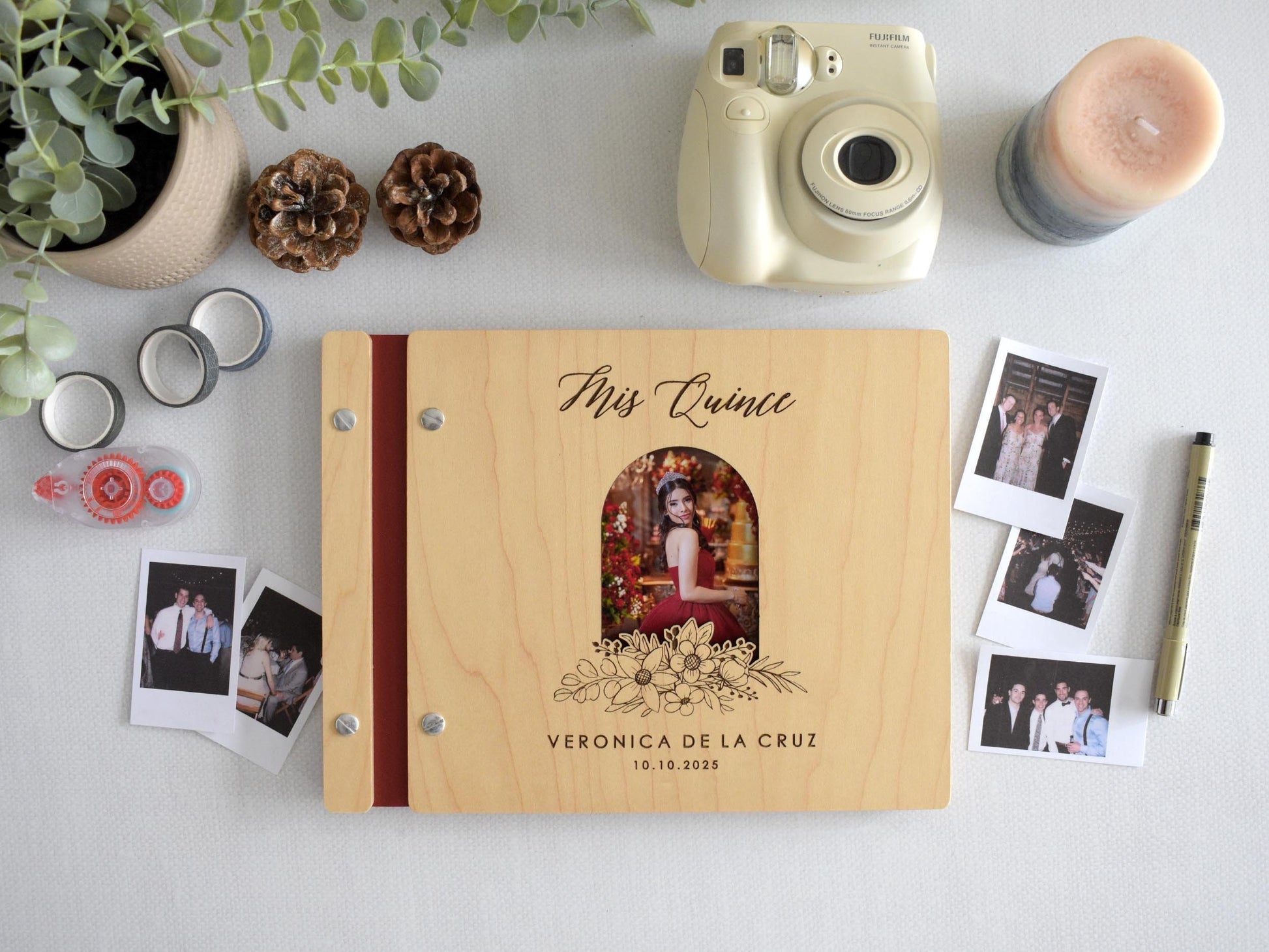 Customizable quinceañera guest book with a photo insert and engraved floral design on the cover. This wooden guest book is perfect for capturing memories and messages from friends and family during the celebration. Fully customizable photo and text.