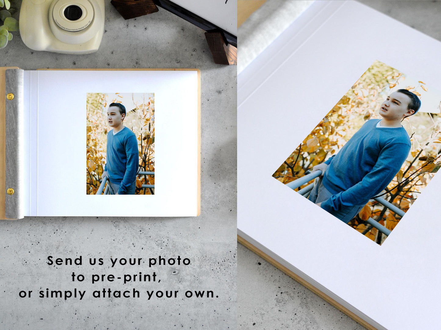 An 8.5x11 inch guest book lies open on a glass table as a female wedding guest signs their name and issues handwritten messages underneath photobooth strips in order to congratulate the newlyweds.