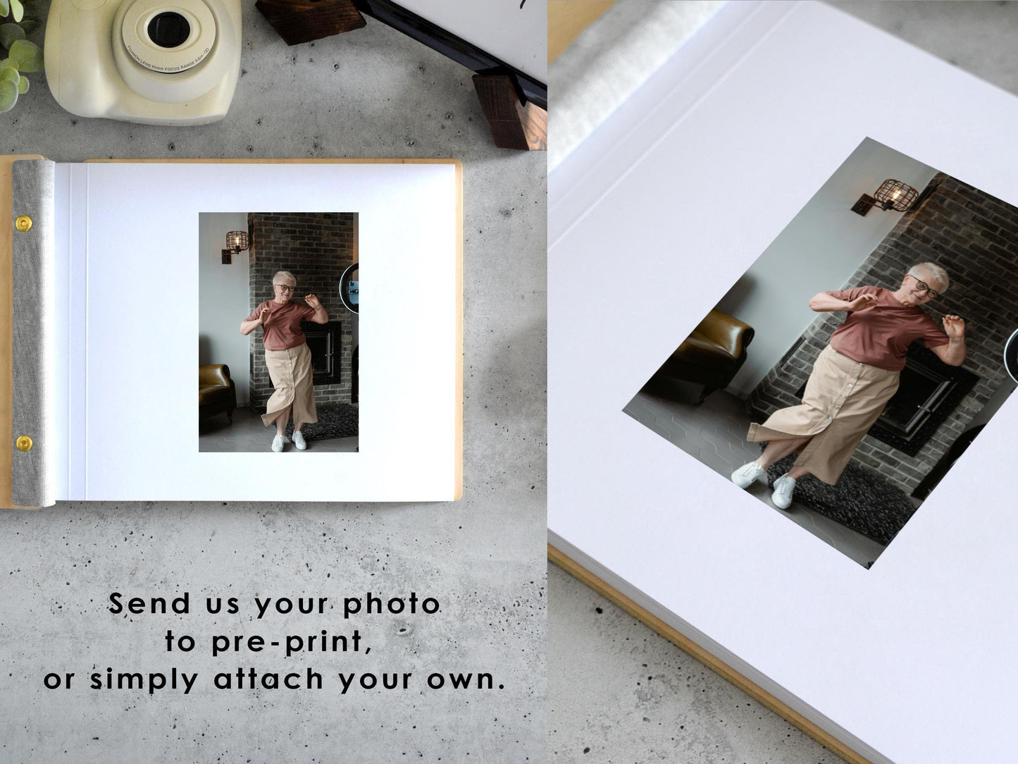 An 8.5x11 inch guest book lies open on a glass table as a female wedding guest signs their name and issues handwritten messages underneath photobooth strips in order to congratulate the newlyweds.