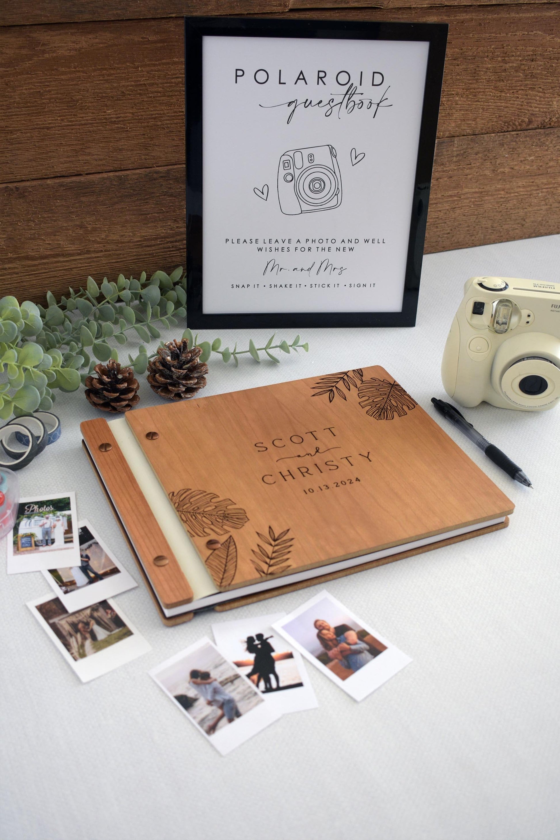 Custom wedding guest book engraved tropical leaf design. Fully customizable, it’s perfect for capturing special memories at weddings and significant events. for Polaroid photos, this guest book offers a unique and personalized keepsake.