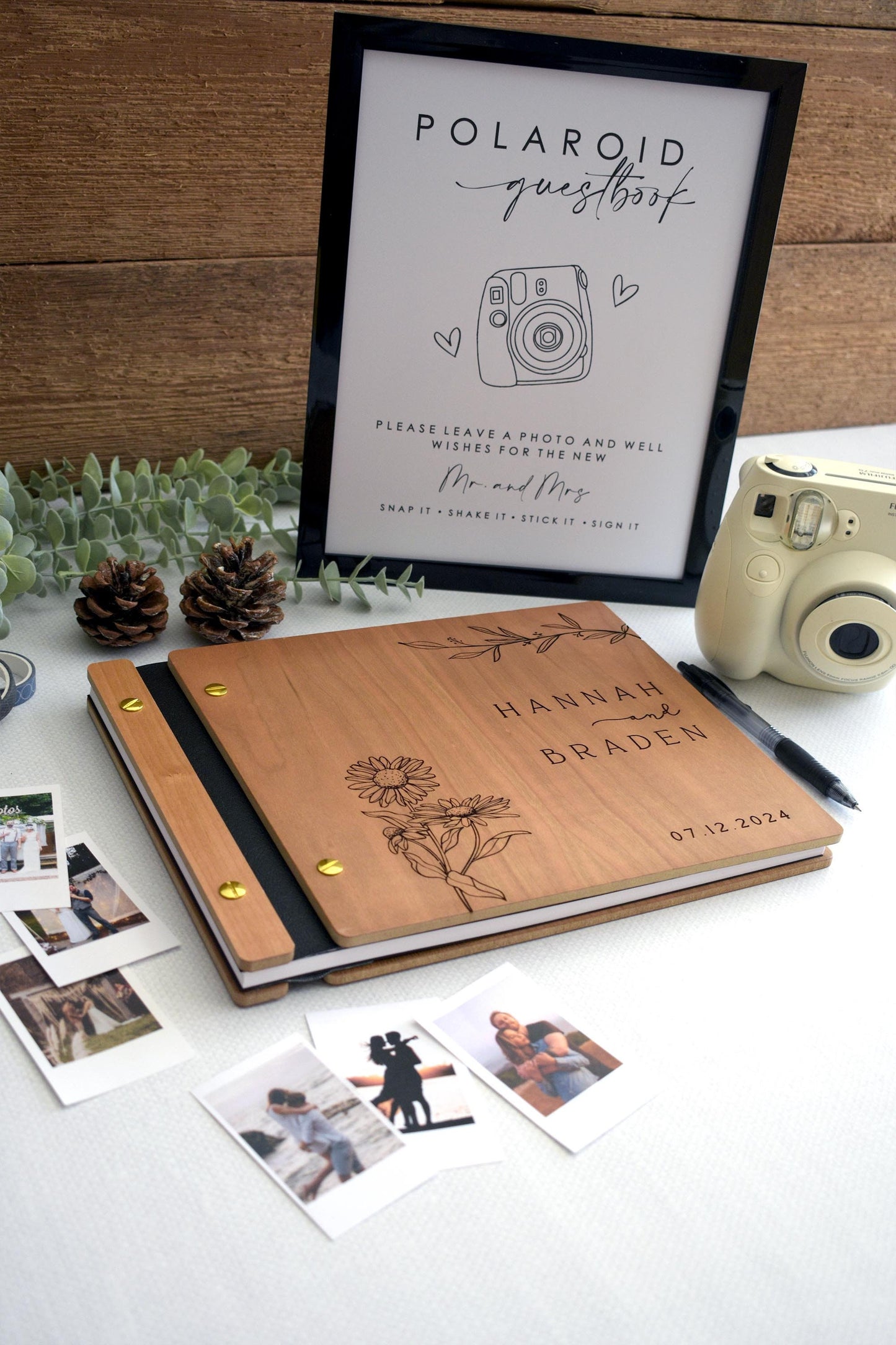 Sunflower design Elegant Custom Wooden Wedding Guestbook