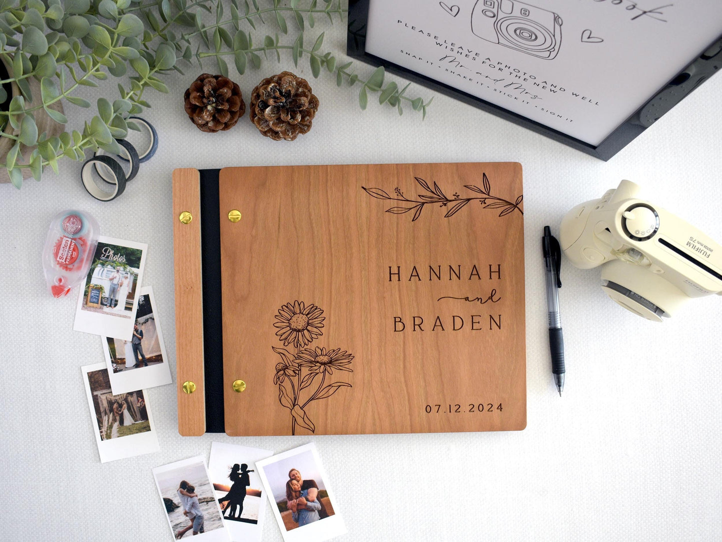 Sunflower design Elegant Custom Wooden Wedding Guestbook