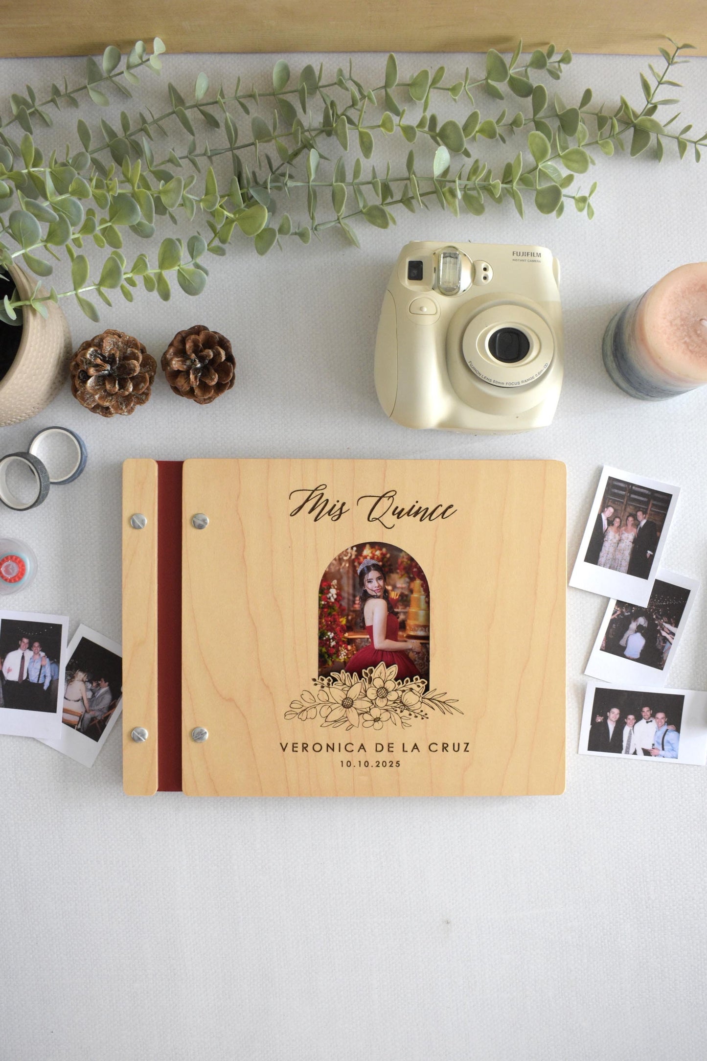 Customizable quinceañera guest book with a photo insert and engraved floral design on the cover. This wooden guest book is perfect for capturing memories and messages from friends and family during the celebration. Fully customizable photo and text.