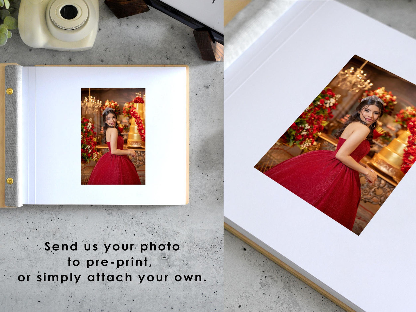 An 8.5x11 inch guest book lies open on a glass table as a female wedding guest signs their name and issues handwritten messages underneath photobooth strips in order to congratulate the newlyweds.